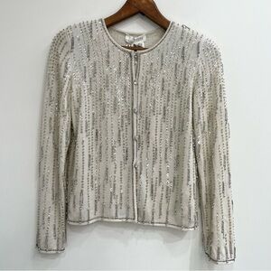 ESCADA Vintage Ivory Dangling Beaded Cardigan & Shell Sweater Set Wool 34 Small